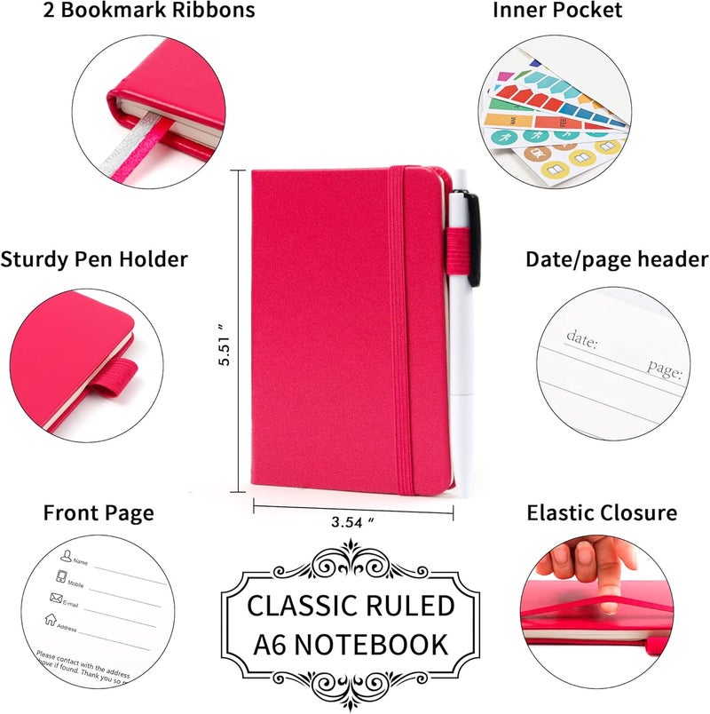 Feela 3 Pack Pocket Small Notebook Journals, Mini Cute Memo Notepad Hardcover College Ruled Lined Journals with Pen Holder for Women Girls Office School, with 3 Black Pens, 3.5”x 5.5”, A6, Berry - Image 2